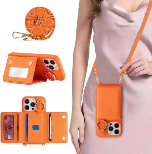 Miniatura 37 de Funda para iPhone 14 Plus con tarjetero y correa para mujer, cordón cruzado, espejo de maquillaje, soporte de anillo, cierre a presión, bonitas Rosa