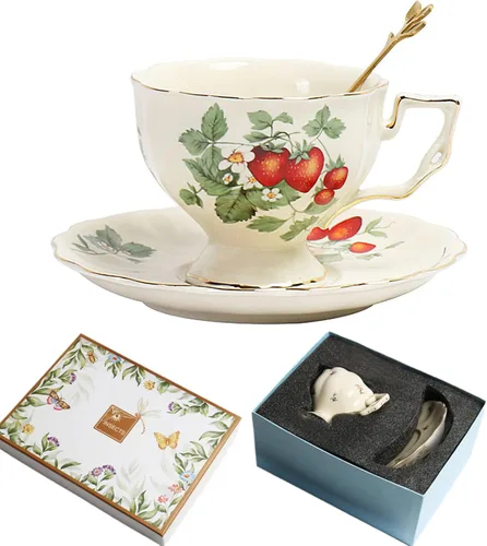 Miniatura 12 de Juego de taza de té y platillo de porcelana, taza de café de cerámica de 8.5 onzas líquidas con platillo y cuchara, taza de café vintage con ribete