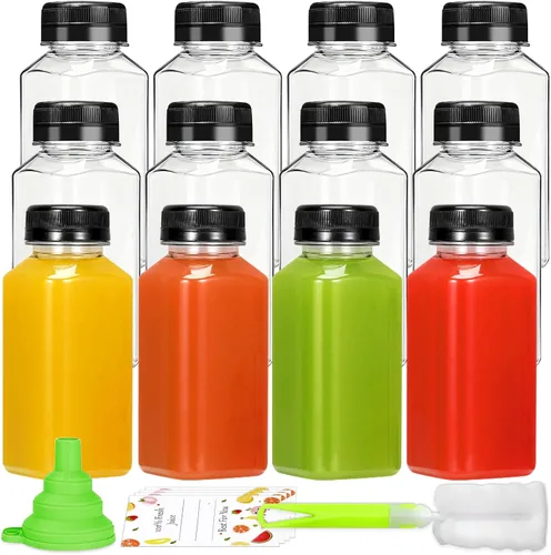 Botellas de Jugo – Botellas de 8 onzas con tapas, 12 piezas Recipientes de Plástico para Jugo con Tapas, Recipientes de Bebidas Reutilizables para