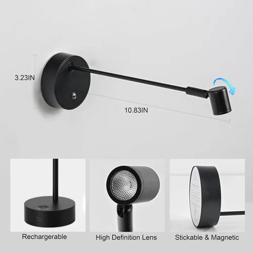 Miniatura 7 de ZitoStory Luces para Cuadros en la Pared, Luz de Imagen Operada por Pilas Recargable, Iluminación de Arte LED Negra para Pinturas Inalámbrica