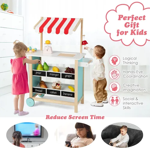 Miniatura 6 de HONEY JOY Carrito de Helados para Niños, Set de Juego de Tienda de Abarrotes de Madera con 6 Piezas de Comida de Juguete, Campana Realista y Báscula