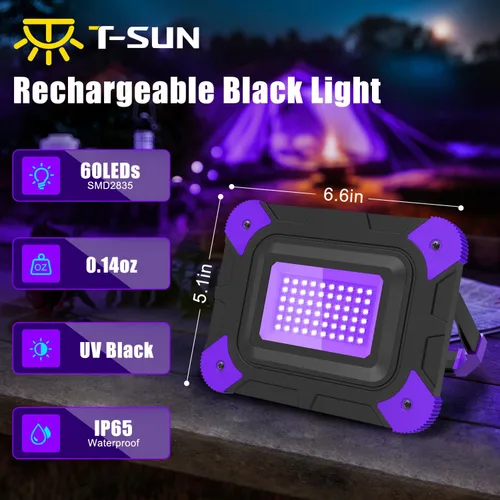 Miniatura 2 de T-SUN Luces negras recargables, luces negras alimentadas por batería para fiesta brillante, pesca, luz negra inalámbrica, luz ultravioleta