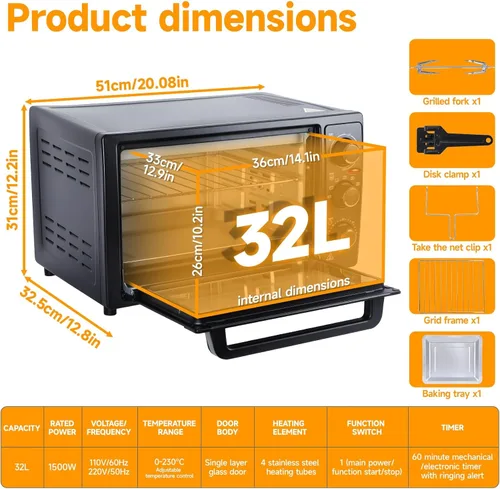 Miniatura 2 de Horno de encimera combinado de freidora de vapor y aire de 34 cuartos de galón / 32 litros, 1500 W, horno tostador multifuncional con temporizador