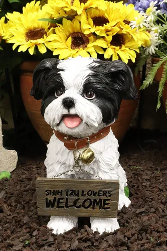 Miniatura 2 de Ebros Adorable juguete realista de Shih Tzu, juguete de raza de perro con cuello de cascabel, letrero de bienvenida de 11.25 pulgadas de alto