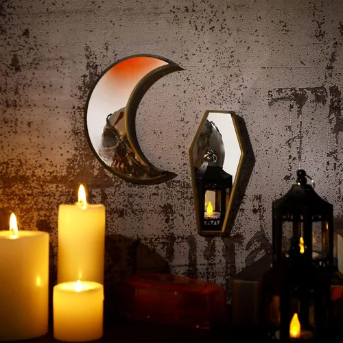 Miniatura 4 de Marsui 2 piezas pequeño ataúd luna espejo lindo gótico decoración de habitación espeluznante espejo gótico decorativo rústico negro decoración