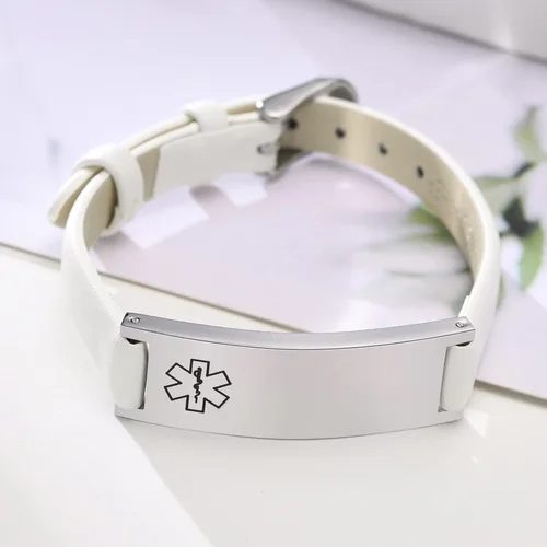 Miniatura 62 de MPRAINBOW Pulsera de alerta médica personalizada para mujer, correa de reloj de cuero genuino, grabado de doble cara, diabetes, epilepsia, joyería