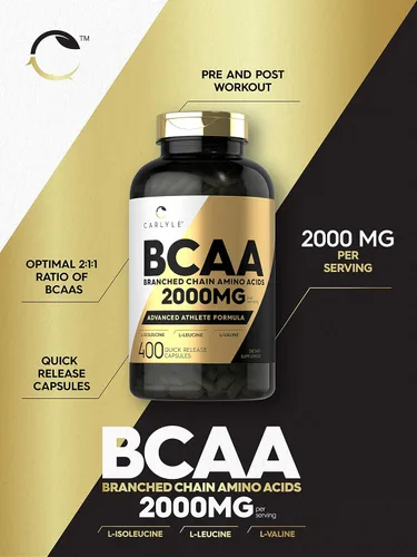 Miniatura 3 de Carlyle BCAA Cápsulas 2000 mg 400 píldoras en polvo Mezcla de suplemento de aminoácidos para mujeres y hombres con L-isoleucina