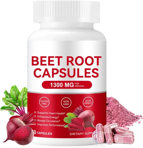Cápsulas de raíz de remolacha de 1300 mg, suplemento de polvo de remolacha orgánica natural que apoya la presión arterial saludable y la salud