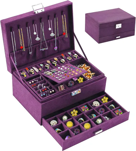 Cajas de Joyería para Mujeres Morado Organizador de Joyas de Terciopelo con Cerradura, Organizadores de Joyas para Adolescentes y Caja Organizadora