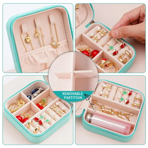 Miniatura 4 de Mini caja de joyería portátil de viaje de cuero organizador de anillos de joyería caja de regalo para niñas y mujeres azul