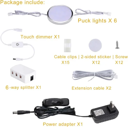Miniatura 5 de Kit de iluminación LED para debajo del gabinete, paquete de 6 luces de disco enlazables con atenuador táctil, enchufe con cable para iluminación