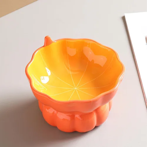 Miniatura 3 de Lindo cuenco en forma de calabaza, cuenco elevado de cerámica para gatos para comida o agua, antivómito y amigable con los bigotes, plato pequeño