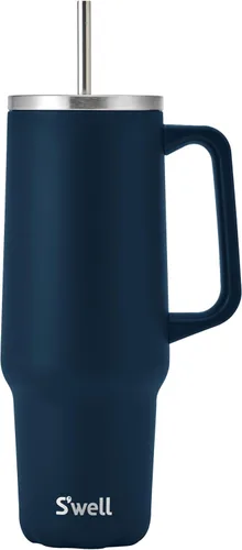 S'well Vaso de acero inoxidable reciclado XL con popote y asa, 40 onzas, azurita, contenedor aislado al vacío de triple capa mantiene las bebidas