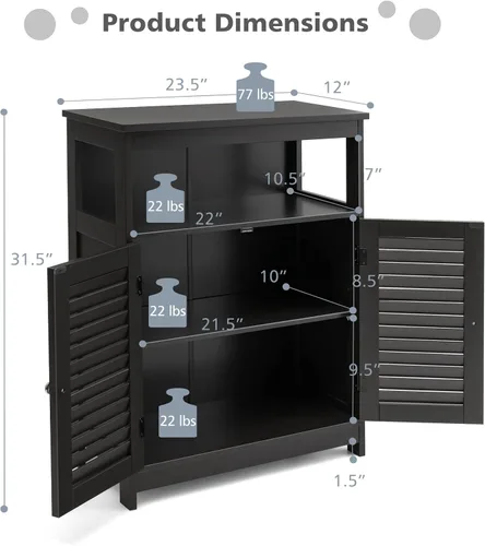 Miniatura 3 de Tangkula - Armario de piso para baño, armario de almacenamiento independiente de madera con puerta de doble persiana y estante ajustable, armario