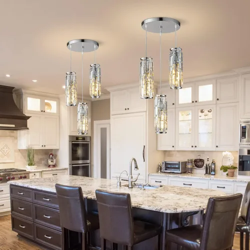 Miniatura 4 de LMQNINE - 3 luces para iluminación colgante de cromo, lámpara colgante moderna, mini candelabros de cristal, lámpara colgante ajustable para cocina