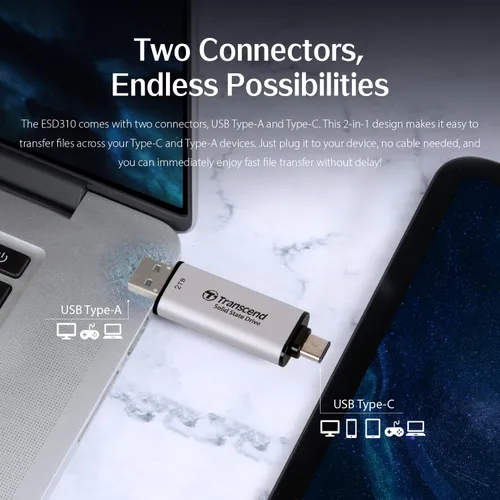 Miniatura 8 de Transcend ESD310 SSD externo de 1 TB, hasta 1,050 MB/s, unidad USB dual para iPhone17,16,15, iPad y Mac/Pixel10/Tesla/Steam Deck/ROG Ally/MSI Rosa