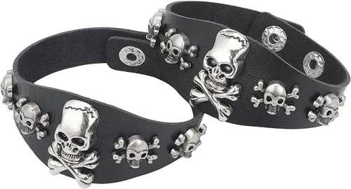 Pulsera de calavera punk, brazalete de esqueleto de piel sintética para fiestas de Halloween, color negro