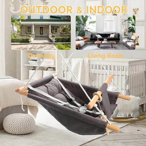 Miniatura 4 de Columpio para bebé al aire libre e interior para bebés y niños pequeños, columpio portátil ajustable para porche con cinturón de seguridad de 5 Gris