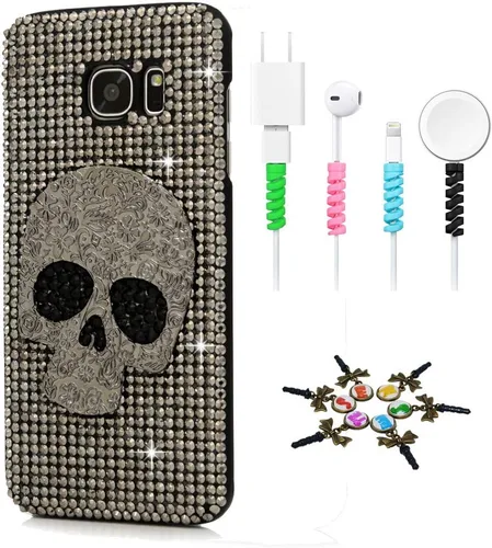 Miniatura 12 de Sparkle Funda compatible con Samsung Galaxy J2 Prime – Elegante funda 3D hecha a mano con diseño de calavera grande con protector de cable
