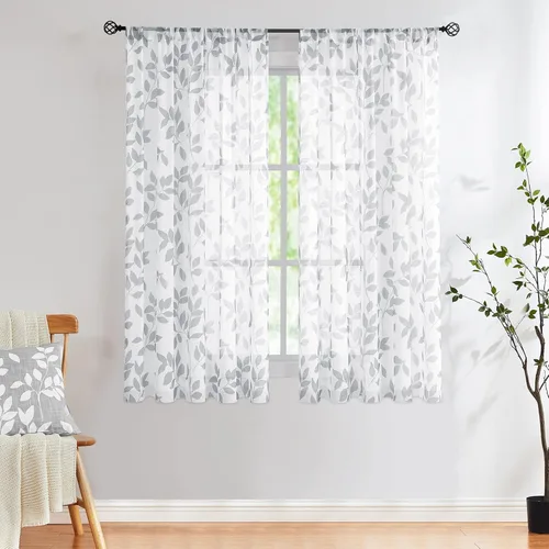 Miniatura 50 de Treatmentex Cortinas blancas y grises para dormitorio de 84 pulgadas de largo, cortinas semitransparentes con estampado de hojas para ventanas