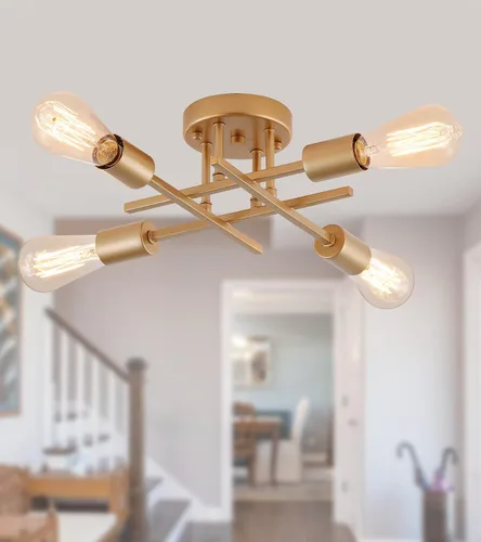 Miniatura 11 de AIHYING Lámpara de techo de 4 luces para montaje semiempotrado, lámpara de araña dorada de estilo industrial granja de mediados del siglo