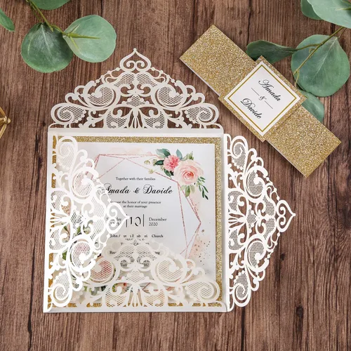 Miniatura 4 de Tarjetas de invitaciones de boda cuadradas de 6.3 x 6.3 pulgadas, corte calado mediante láser, diseño floral, con banda dorada y sobres blancos