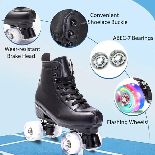 Miniatura 2 de Patines para mujer y hombre de caña alta en negro, de cuero sintético clásico, patines de doble fila ajustables para interiores y exteriores