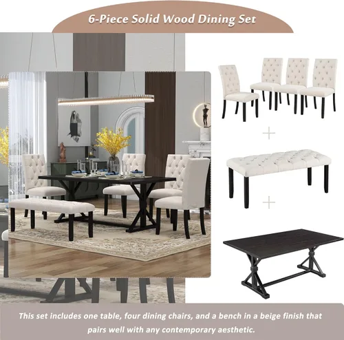 Miniatura 6 de KLMM Juego de mesa de cocina de 6 piezas de madera maciza de mediados de siglo con base de estante con patas cruzadas, 1 banco tapizado y 4 sillas