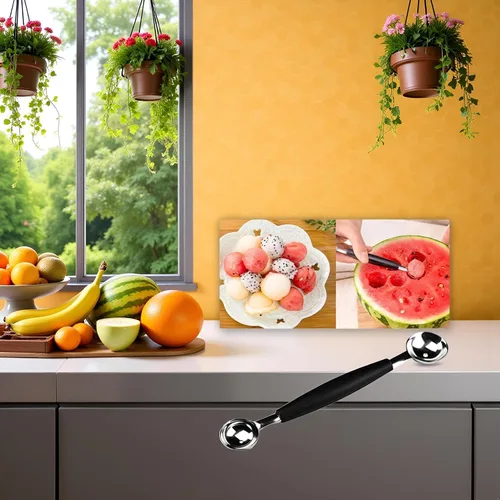 Miniatura 2 de Cuchara de melón de acero inoxidable 2 en 1, cuchara de melón de doble cara, helado de melón de sandía adecuado, cómodo agarre antideslizante
