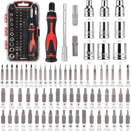 Amazon Basics Juego de llaves de trinquete magnéticas y destornilladores de precisión electrónica, 73 unidades (paquete de 1), negro/rojo/plateado