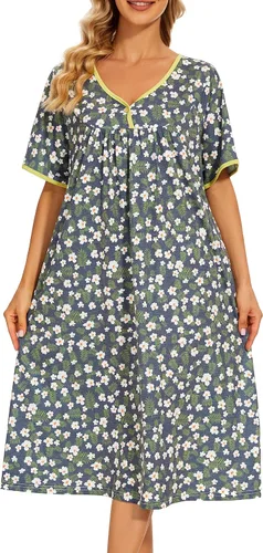 Miniatura 2 de AVIIER Camisones de noche de algodón suave para mujer, ropa de dormir de manga corta con bolsillos