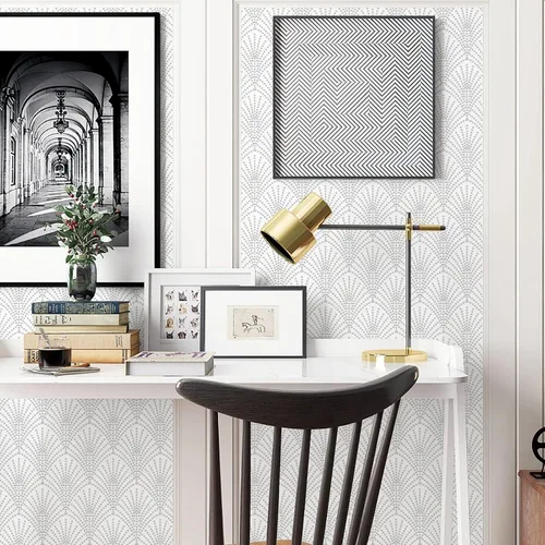 Miniatura 3 de Ismoon Papel tapiz geométrico de 17.3 x 393 pulgadas, papel tapiz blanco y plateado, papel tapiz moderno autoadhesivo de pared, papel de contacto