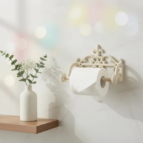 Miniatura 3 de Comfy Hour Soporte decorativo de papel higiénico de hierro fundido, organizador de rollos de papel victoriano blanco montado en la pared, acento