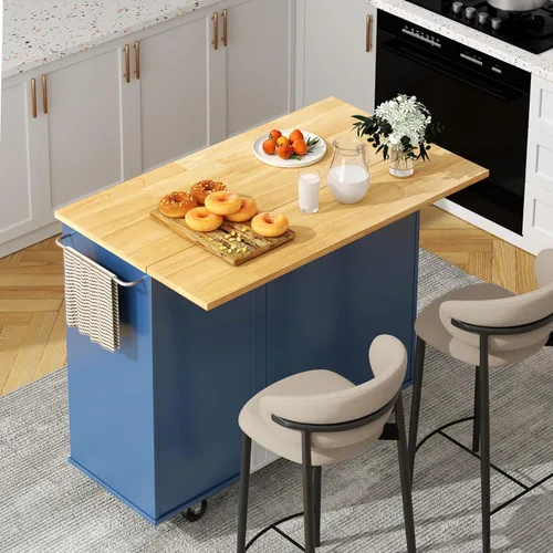 Miniatura 11 de Shintenchi Isla de cocina con hoja plegable, mesa de isla enrollable con almacenamiento, armario de cocina con ruedas con área de asiento