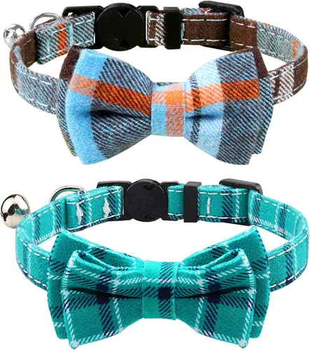 Joytale Collar de gato mejorado con campanas, collares de gato separados con pajarita, paquete de 2 collares de seguridad a cuadros para niñas y