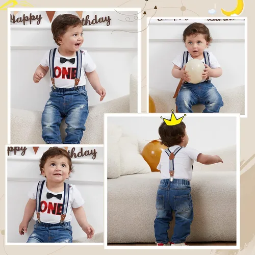 Miniatura 49 de Conjunto de ropa de cumpleaños para bebé niño pequeño, con tirantes, pantalones de mezclilla rasgados