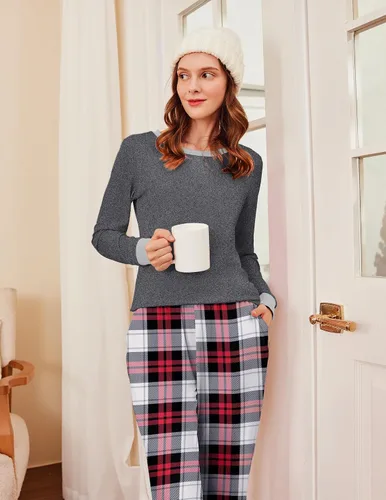 Miniatura 150 de Ekouaer Conjunto de pijama de manga larga para mujer, ropa de dormir suave con cuello redondo y bolsillos