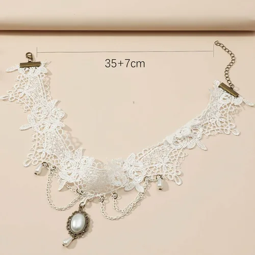 Miniatura 7 de YienDoo Gargantilla de encaje vintage con patrón de encaje gótico blanco, collar punk con borla y cuentas de perlas, gargantilla de princesa