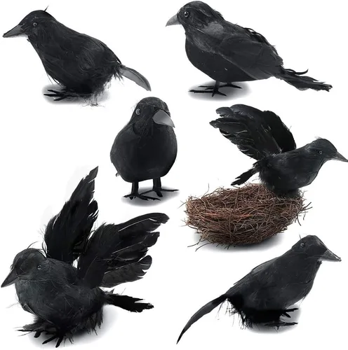 Ochine Cuervos de plumas negras de Halloween con nido de aspecto realista pájaros negros cuervos accesorios decoración de Halloween pájaros tamaño