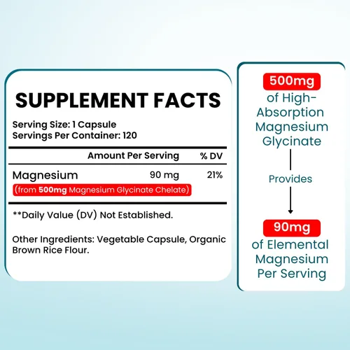 Miniatura 2 de VITBOOST Glicinato de magnesio 500 mg – Suplemento quelado de alta absorción – Apoya el sueño, la recuperación muscular y la salud del corazón – Sin