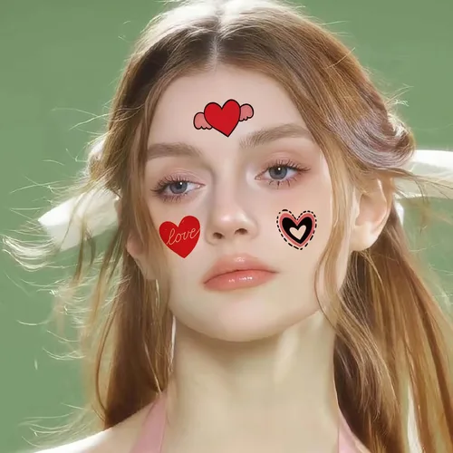 Miniatura 5 de 8 hojas de tatuajes temporales de corazones de San Valentín, calcomanías de tatuaje falsas rojas para niñas y mujeres, cara, cuerpo, día de San