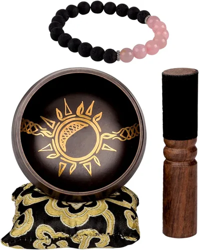Moon in Sun - Juego de cuenco cantante con piedra de lava y pulsera de cuarzo rosa Mala, hecho a mano en Nepal para curación de chakras, meditación