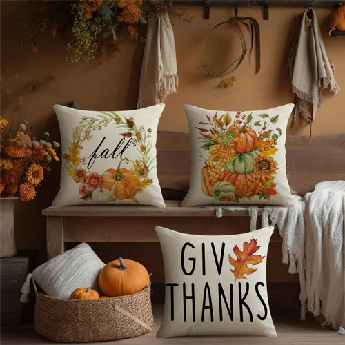 Miniatura 6 de Juego de 4 fundas de almohada decorativas de otoño de 18 x 18 pulgadas, decoración de granja de Acción de Gracias, Hello Pumpkin al aire libre