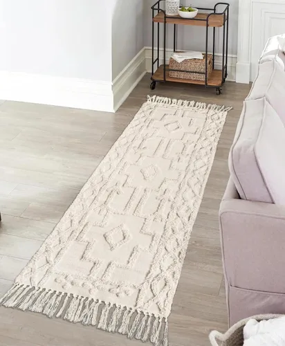 Miniatura 5 de Uphome Alfombra bohemia para pasillo de 2 x 6 pies, color beige, de algodón, lavable, con borlas, tejida a mano, alfombra de pasillo occidental