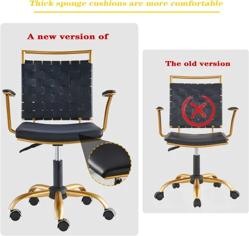 Miniatura 3 de Cómoda silla de oficina con respaldo medio, silla de escritorio de cuero dorado y negro con respaldo tejido y cojín grueso, silla giratoria