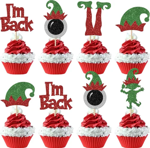 Miniatura 24 de Rsstarxi Paquete de 24 Adornos para Cupcakes Oh Baby de Navidad con Purpurina, Sombreros de Navidad, Palillos para Cupcakes de Baby Shower para Baby
