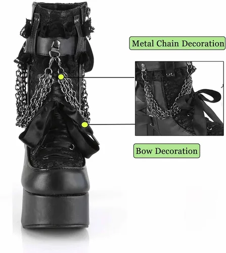 Miniatura 4 de MSYINGL Botas de plataforma para mujer, botas de tobillo gruesas con cremallera lateral, con cadena y corbatín, botas góticas punk de moda