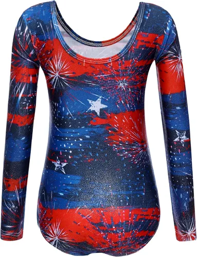 Miniatura 3 de Zaclotre Mallas de gimnasia de manga larga con estrellas brillantes para niñas patrióticas de Estados Unidos para niños, plateado