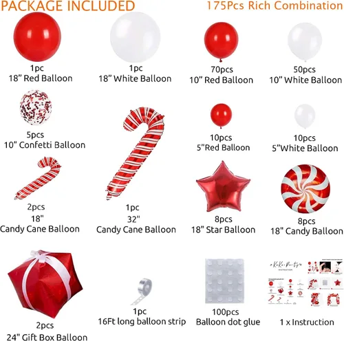 Miniatura 3 de Kit de arco de globos de Navidad de 175 piezas, incluye globos rojos, blancos, de bastón de caramelo y confeti, kit de herramientas