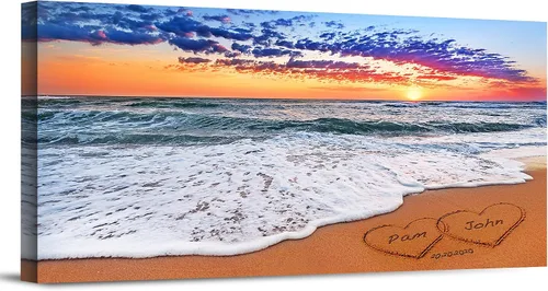 Miniatura 20 de Corazón y corazón en hermoso amanecer fotos personalizadas únicas o impresiones en lienzo con nombres de pareja y fecha especial en la playa, regalo